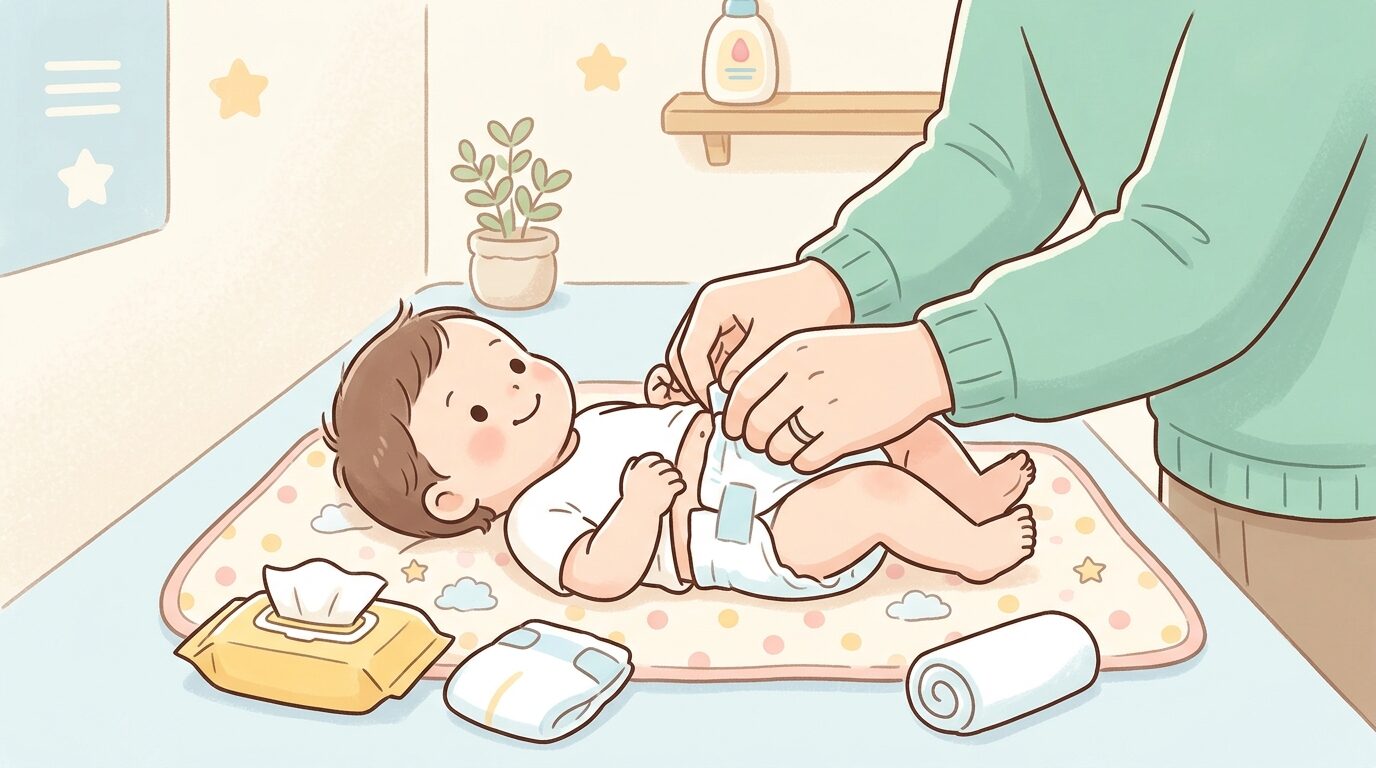 おむつ替えシートの上で赤ちゃんのおむつを優しく替える父親の手元