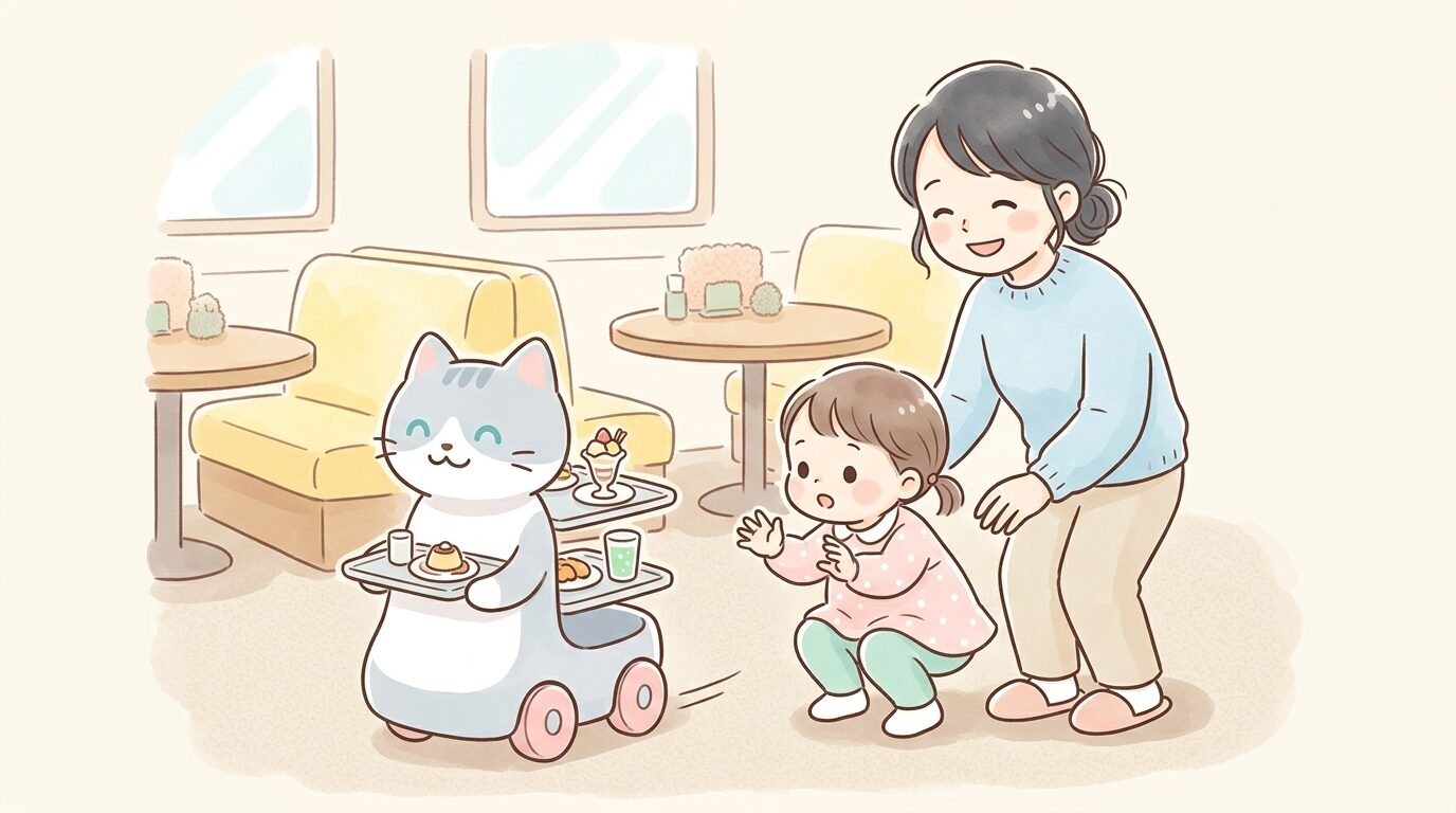 猫型配膳ロボットに興味津々な様子で見つめる幼児と隣で見守る母親