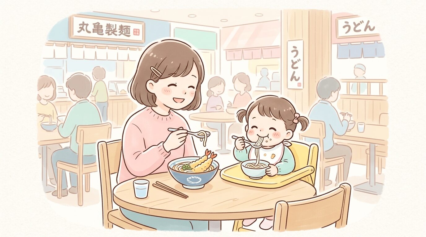 フードコートのテーブル席でうどんを食べる幼児と笑顔の母親