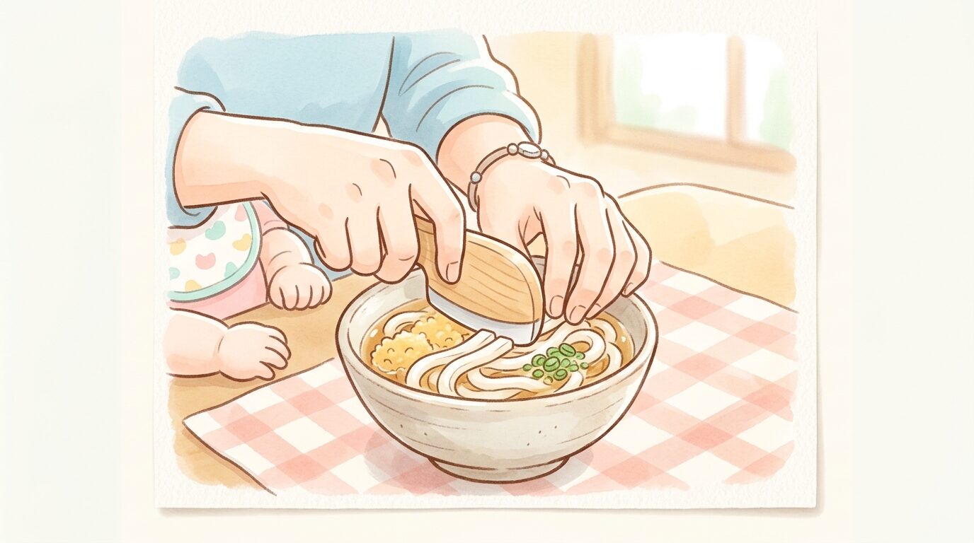 木製のうどんカッターで麺を短く切る親の手元アップ