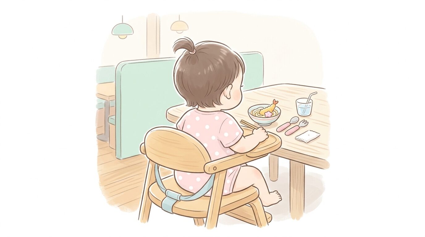 2way仕様の木製キッズチェアに座る1歳児の後ろ姿