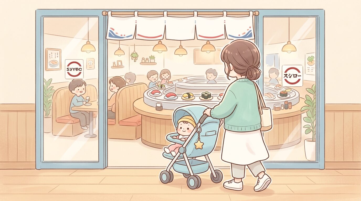 ベビーカーを押しながらスシローの店内に入っていく20代の母親と赤ちゃんの後ろ姿