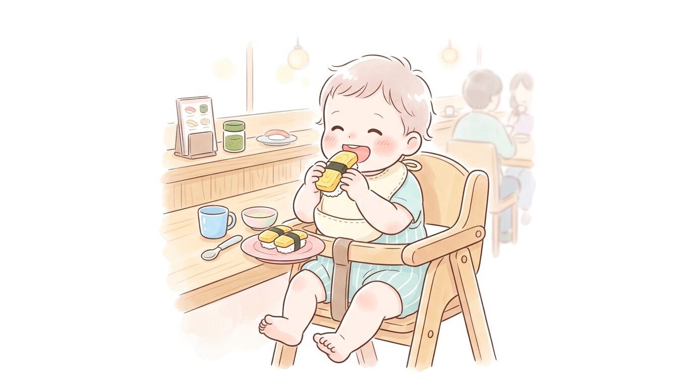 高さのあるベビーチェアに座り、卵の握り寿司を小さな手でつかんで食べようとする1歳児