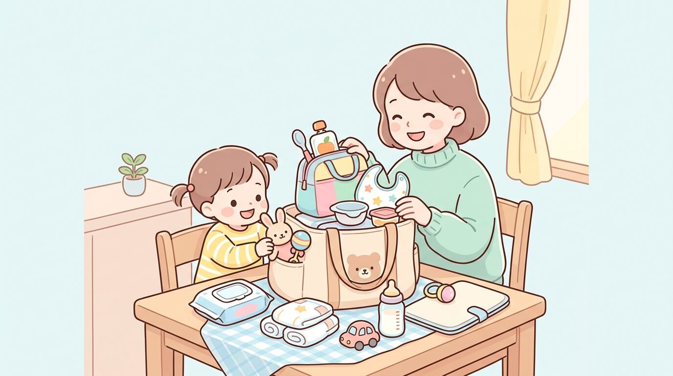 家族用のバッグに離乳食セットやエプロン、おもちゃを詰めて外出準備をする様子
