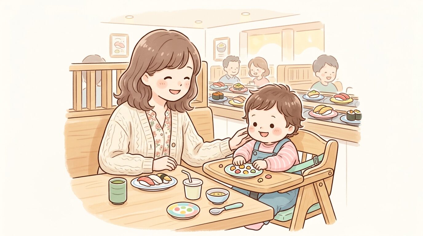 くら寿司の店内でベルト付きの子供椅子に座る1歳児と、隣で見守る母親の温かい様子