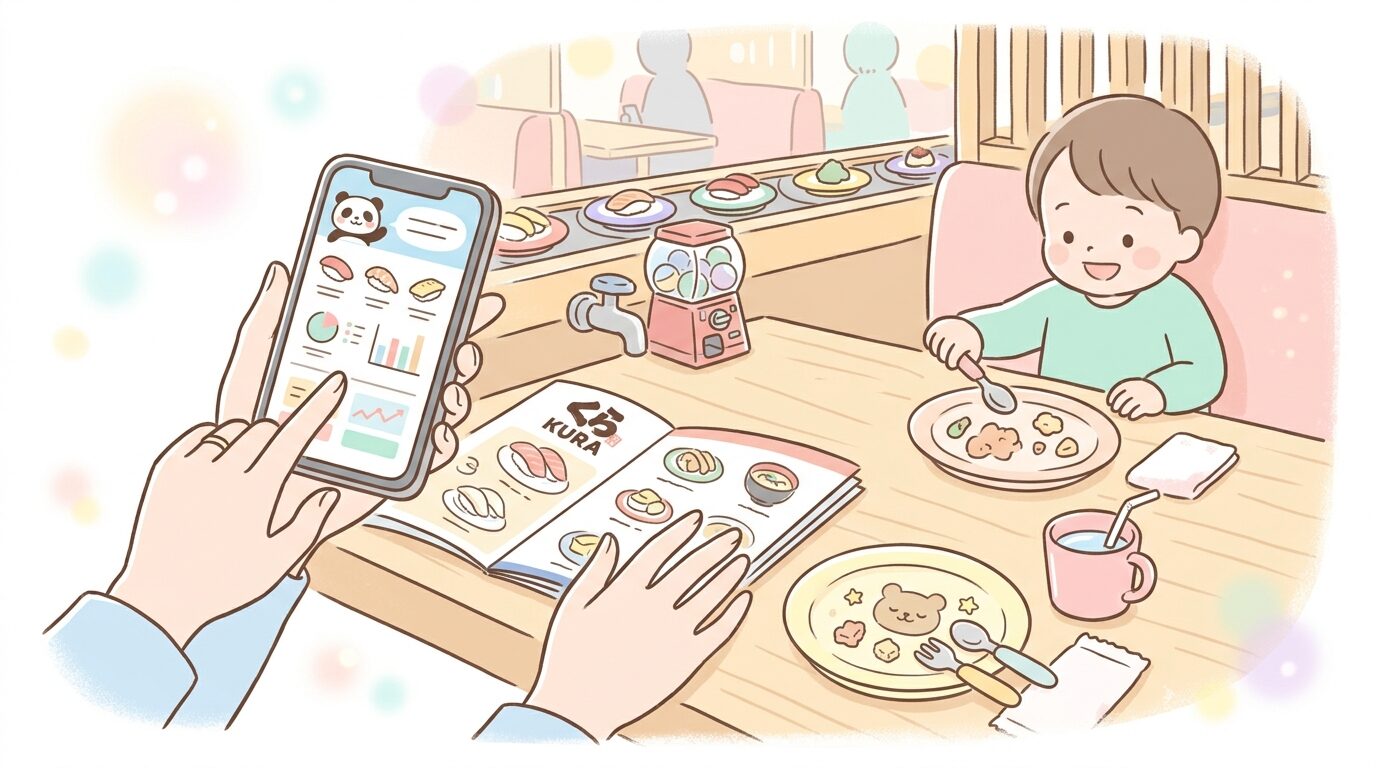 スマートフォンでアレルゲン確認ページを見ながらメニューを選ぶ親の手元、テーブルには子供用の取り皿