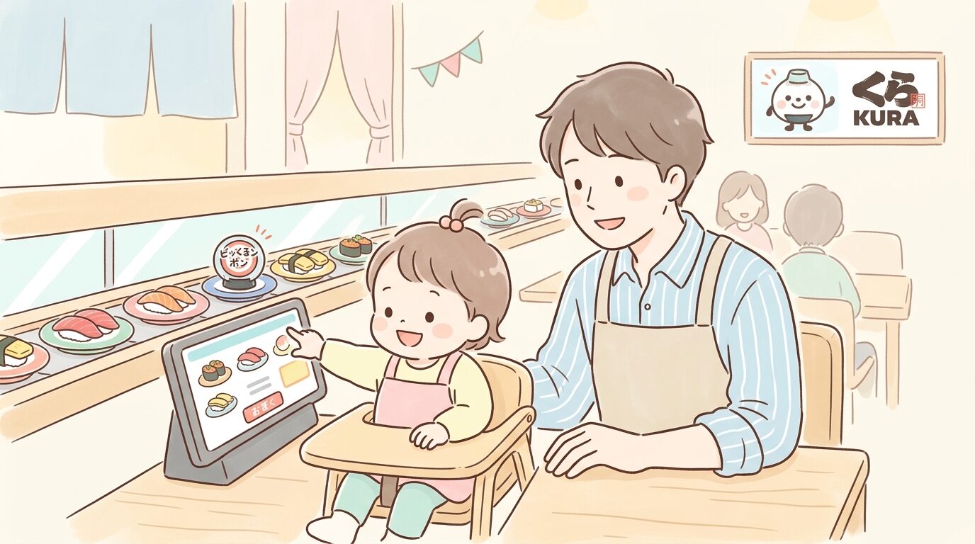 回転寿司のレーンを見つめながらタッチパネルを楽しそうに操作する2歳くらいの子供とそれを見守る父親