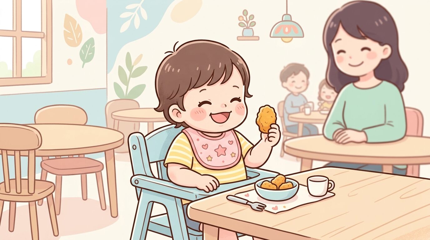 ベビーチェアに座った1歳半くらいの子どもが笑顔でナゲットを持つファミリーレストラン風の店内風景