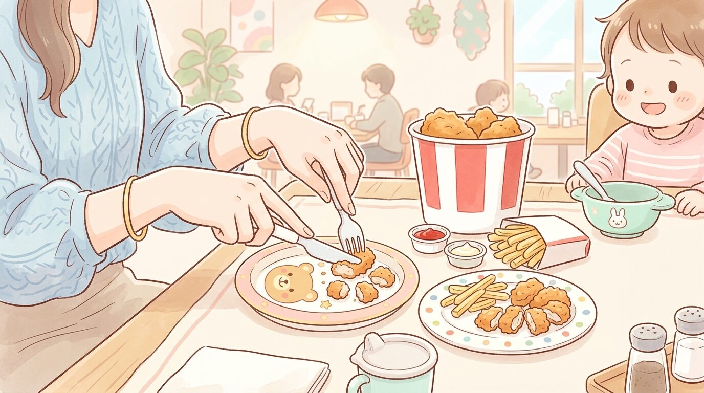テーブルの上でチキンやポテトを小さく切り分けて取り皿に盛る母親の手元