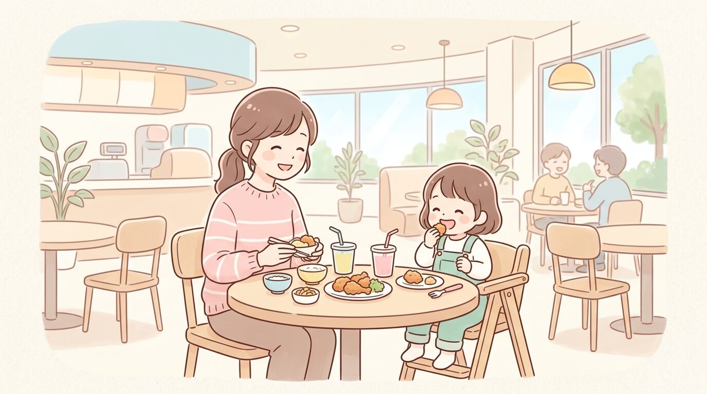 郊外の広々としたファストフード店内で親子がテーブル席に座り食事を楽しむ様子