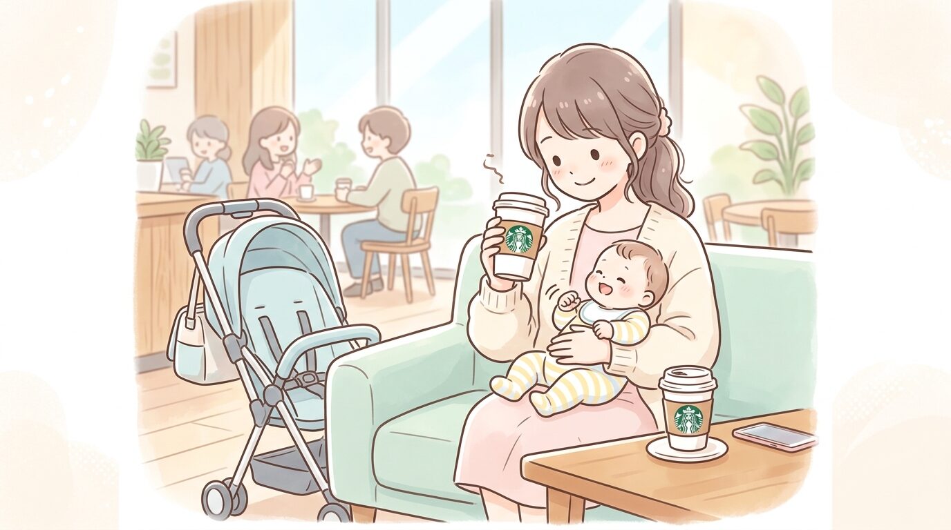 ベビーカーを横に置きソファ席でコーヒーを飲みながら赤ちゃんをあやす20代後半の母親、店内は明るく落ち着いた雰囲気