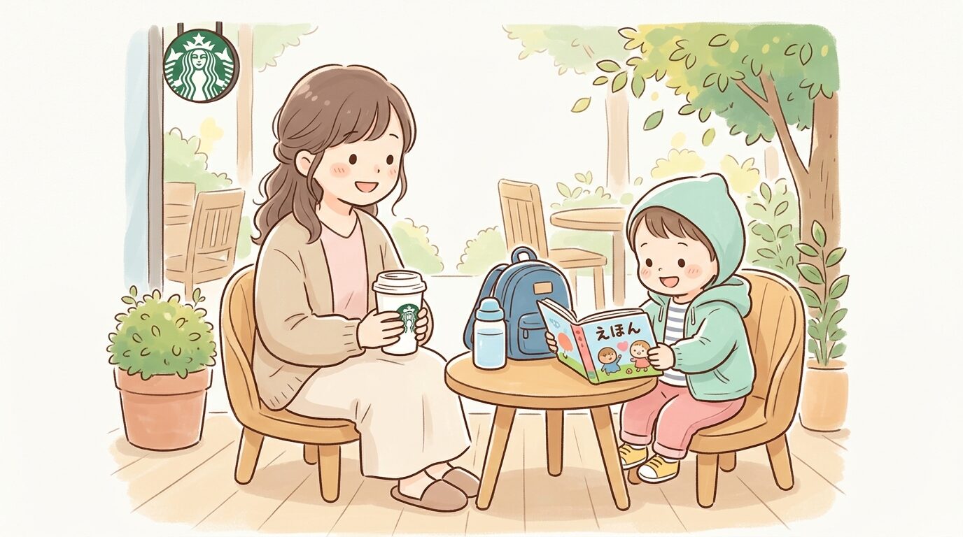 スタバのテラス席で幼児が絵本を見ながら座り、その隣で母親がコーヒーカップを持ってくつろぐ様子、屋外の明るい光