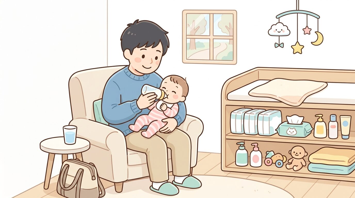 商業施設内の清潔な授乳室でミルクを飲ませる父親、隣にはおむつ交換台と赤ちゃん用品が整った棚