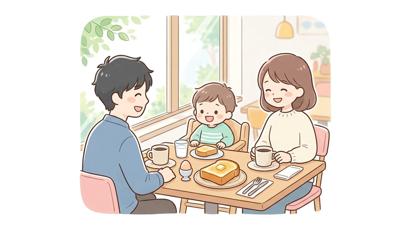 明るいカフェの窓際テーブルでトーストとゆで卵のモーニングセットを前にした幼児と両親
