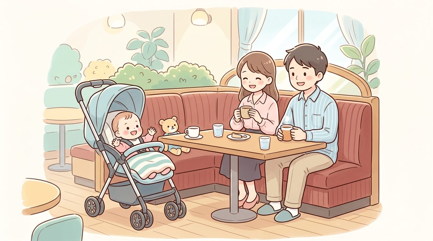 カフェの広いボックス席にベビーカーを横付けし、リラックスした様子で座る家族連れ