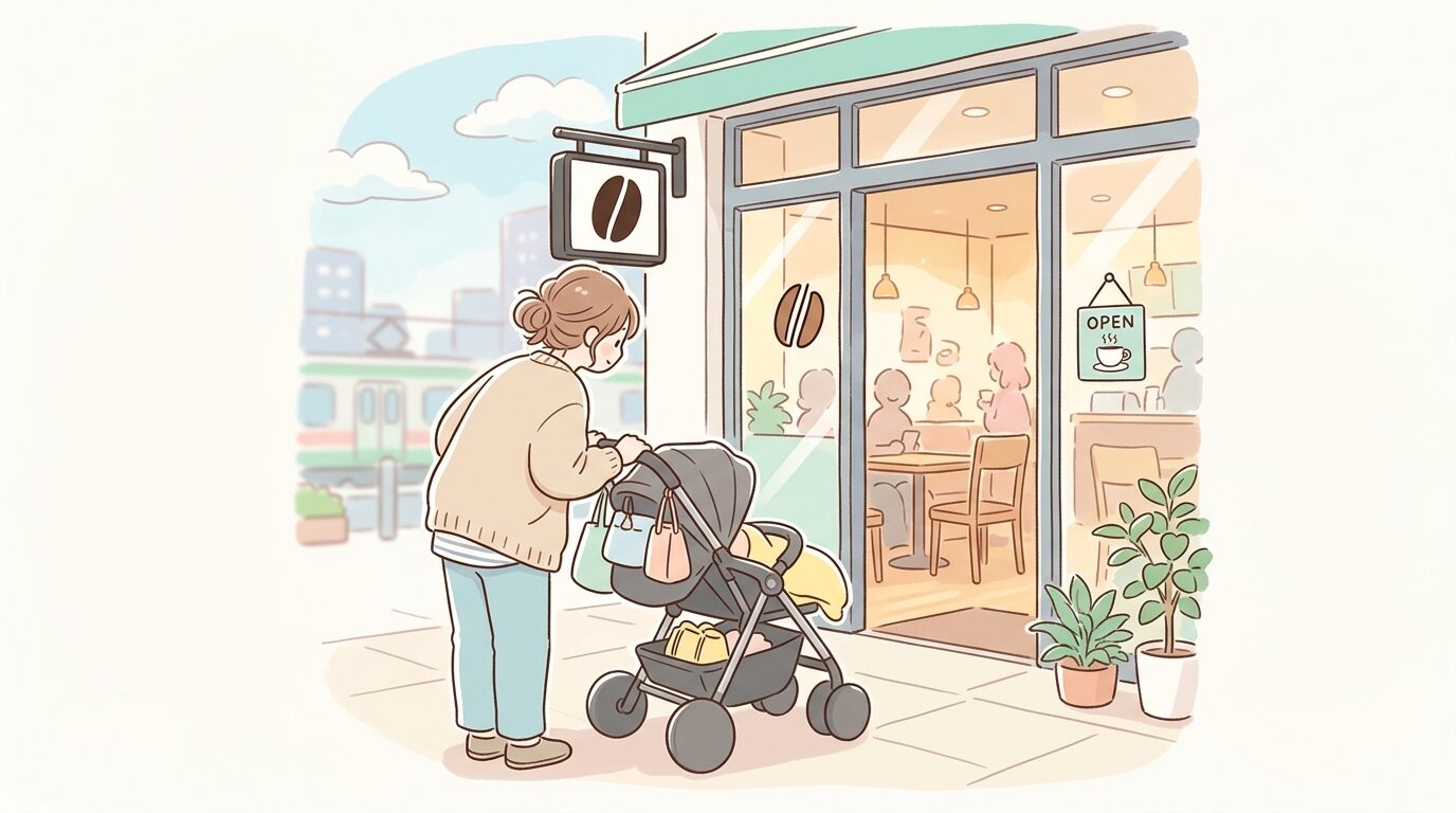 都心のカフェ入り口でベビーカーを押しながら店内を覗き込む若い母親の後ろ姿