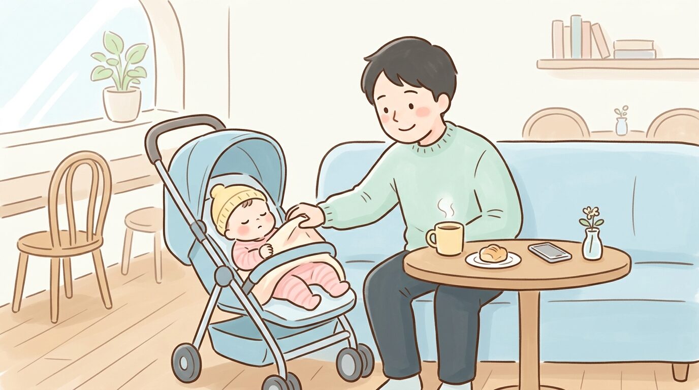 カフェのソファ席でベビーカーの赤ちゃんをあやしながら微笑む父親