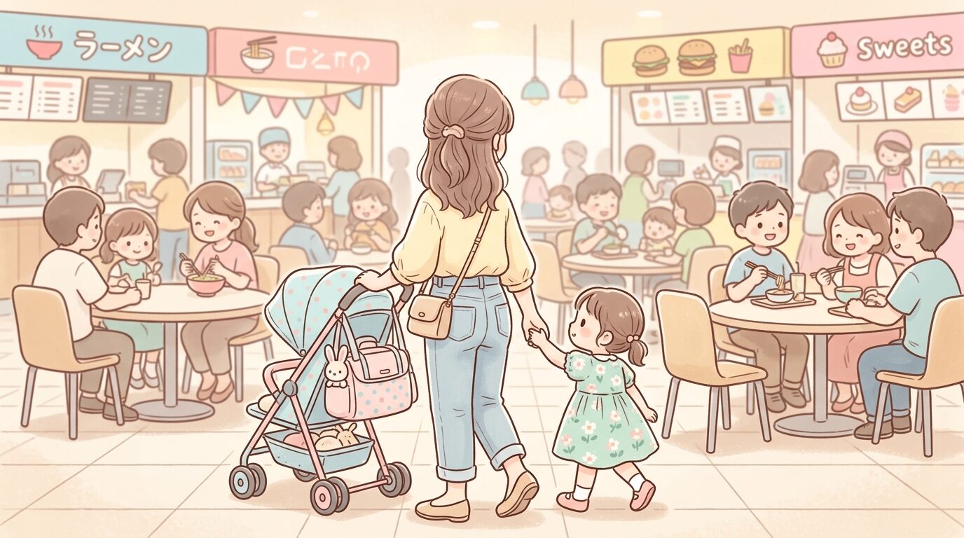 ベビーカーを押しながらフードコートの席を探すお母さんと小さな子どもの後ろ姿、賑やかな休日のショッピングモール