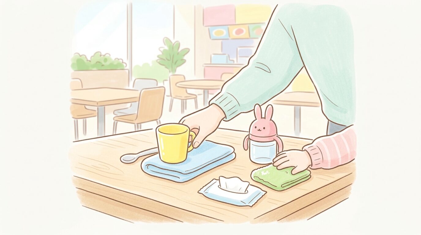 フードコートのテーブルにコップやタオルを並べて席取りをする親子の手元、温かみのある自然光
