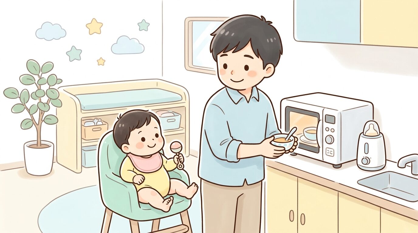 ベビールームで離乳食を電子レンジで温める父親と、その隣で待つ赤ちゃんの穏やかな様子