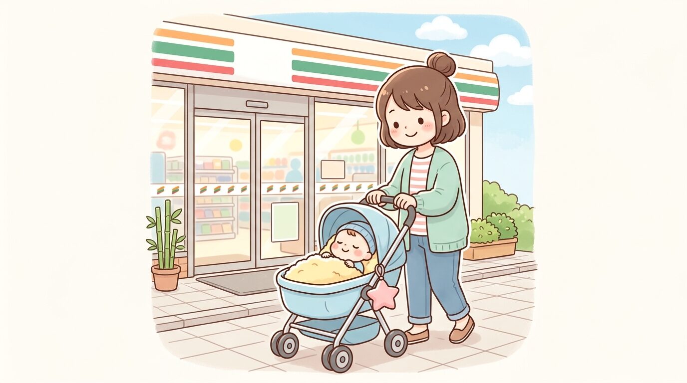 ベビーカーを押しながらコンビニの前で立ち止まる若い母親と乳児