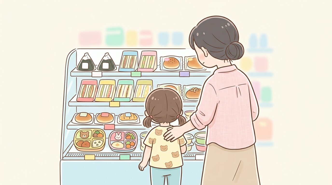 セブンイレブンの棚に並ぶおにぎりやパン、幼児向けの小分けパックを見比べる親子の後ろ姿