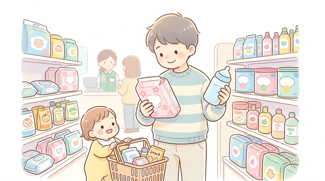 コンビニの育児用品コーナーでおむつやミルクを手に取る父親