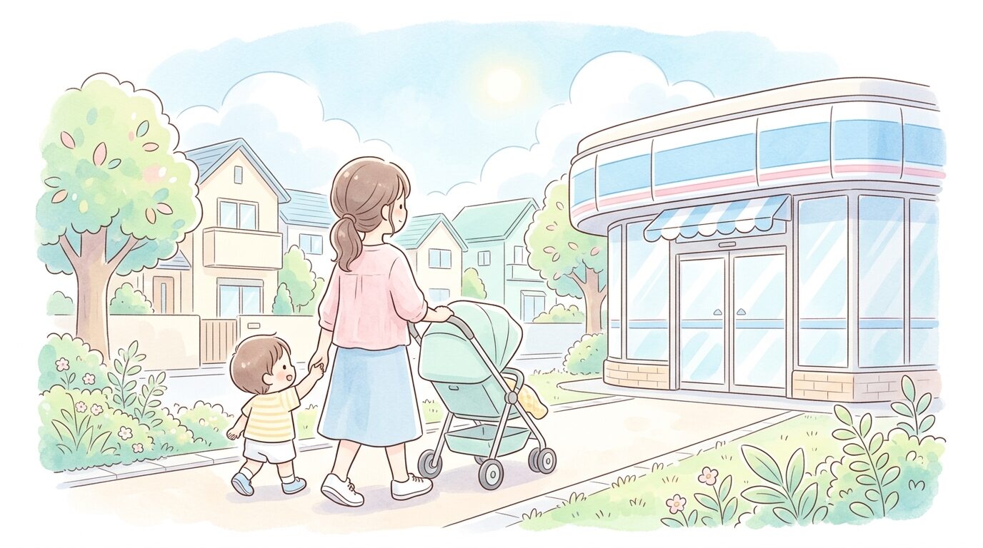 ベビーカーを押しながらコンビニの前を歩く親子の後ろ姿、明るい昼下がりの住宅街