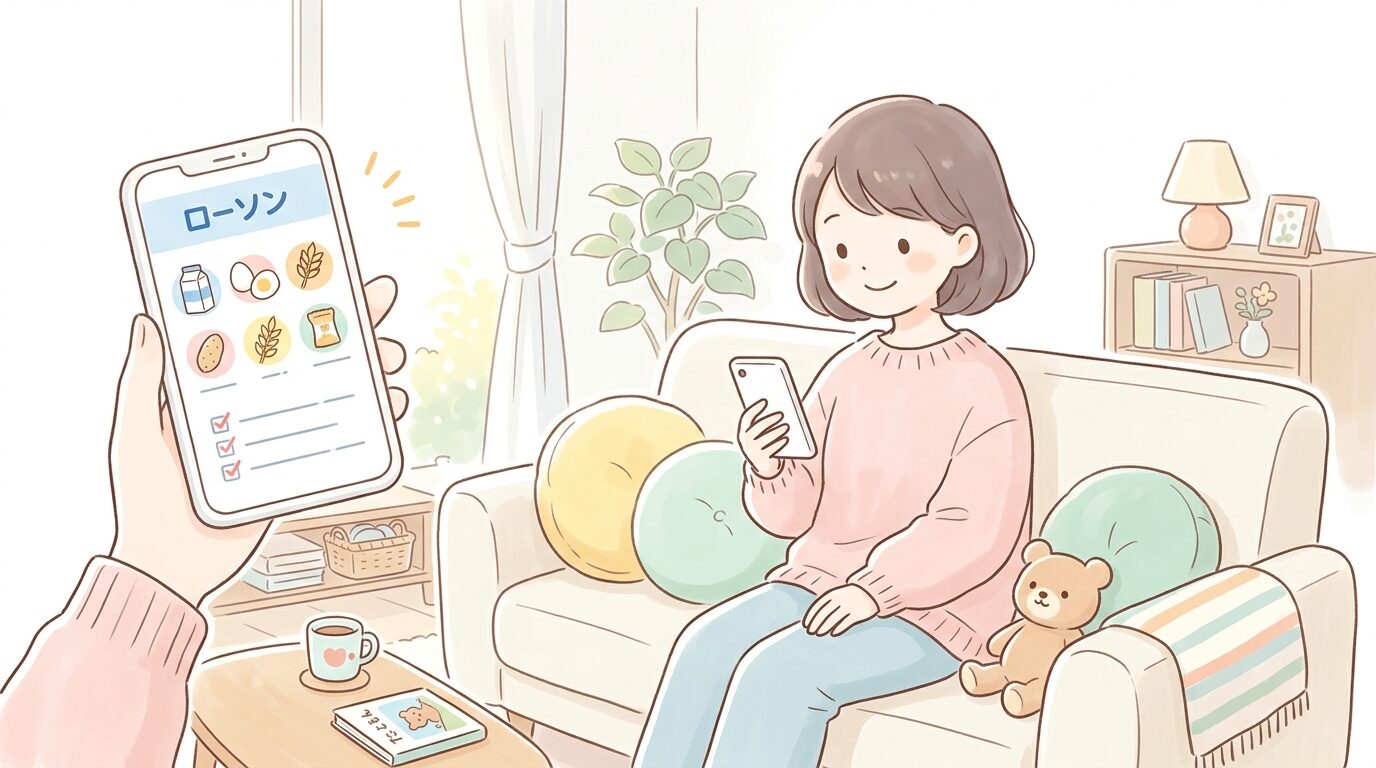 スマートフォンでコンビニ商品のアレルギー表示ページを確認する母親、リビングでの穏やかな雰囲気
