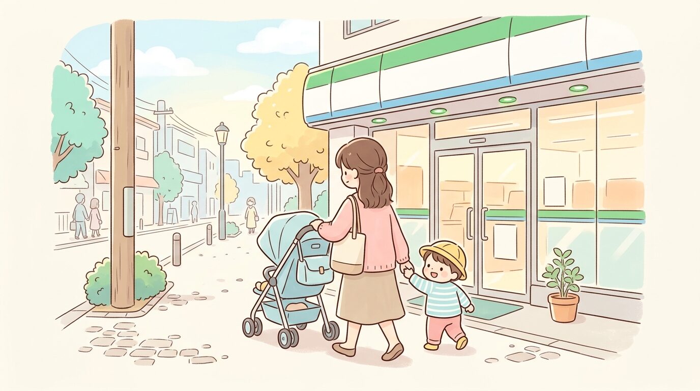 ベビーカーを押しながらコンビニの入り口に向かう母親と幼児の後ろ姿、明るい昼下がりの街並み