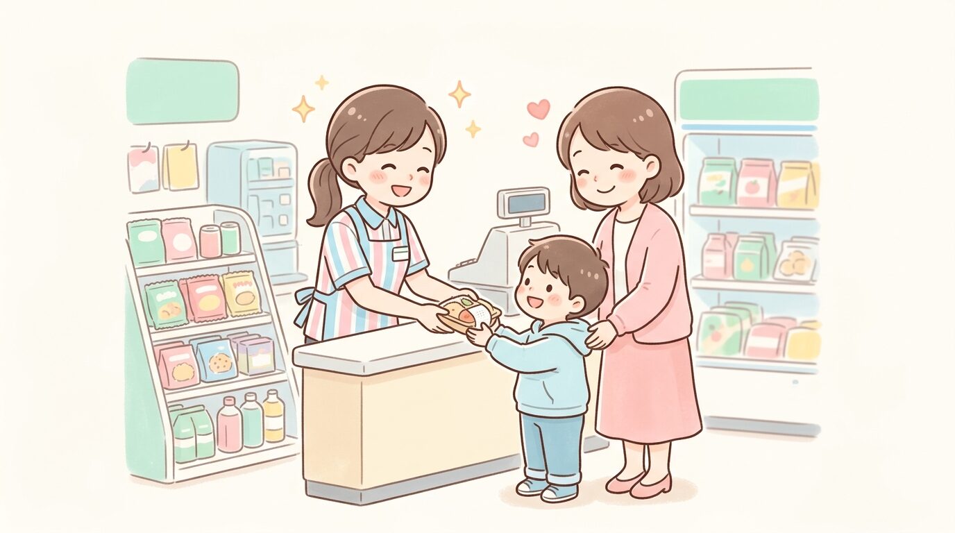 コンビニ店内で親子連れがスタッフから食事を受け取り笑顔で会話している温かい雰囲気の様子