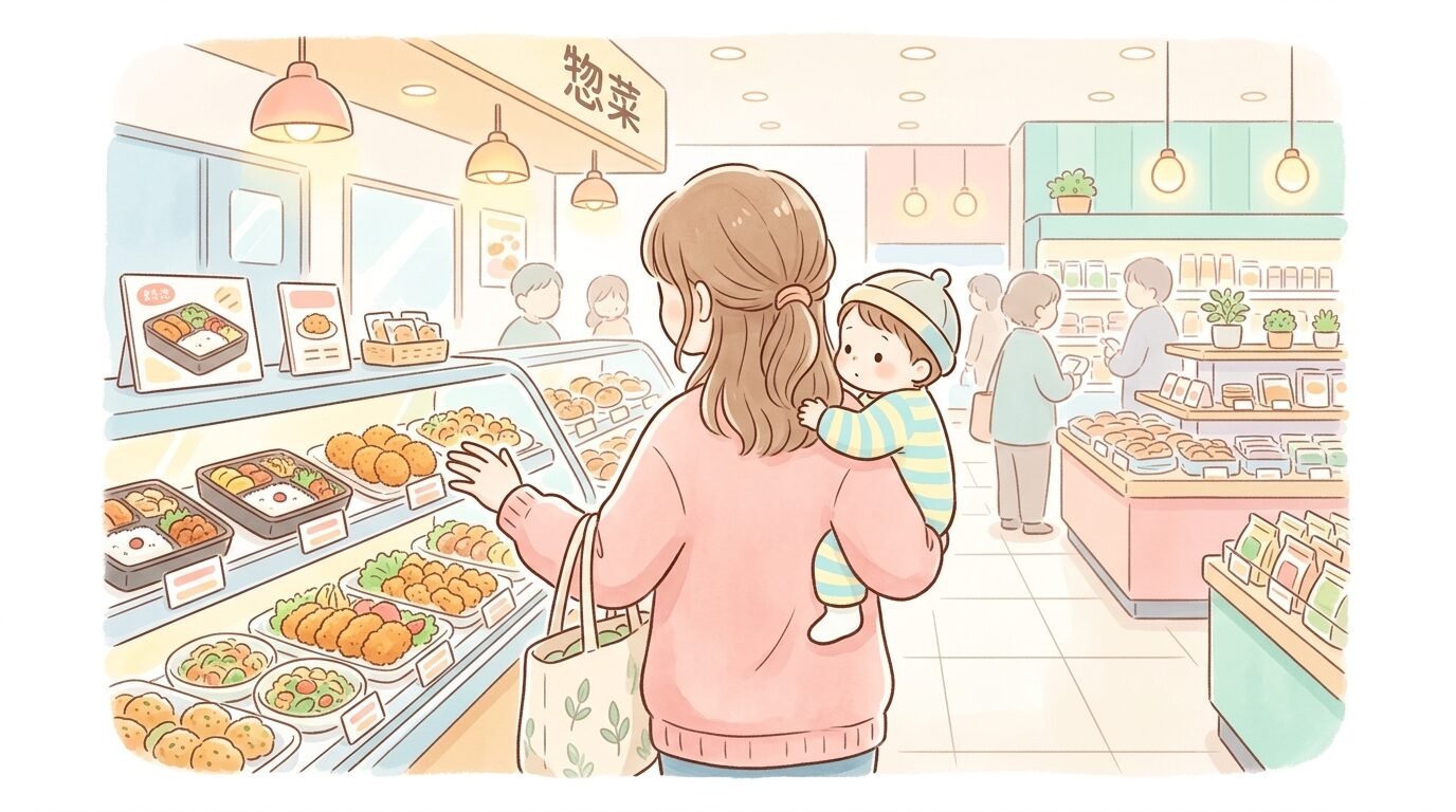 スーパーの惣菜売り場で商品を選ぶ小さな子どもを抱っこした母親の後ろ姿、温かい店内照明