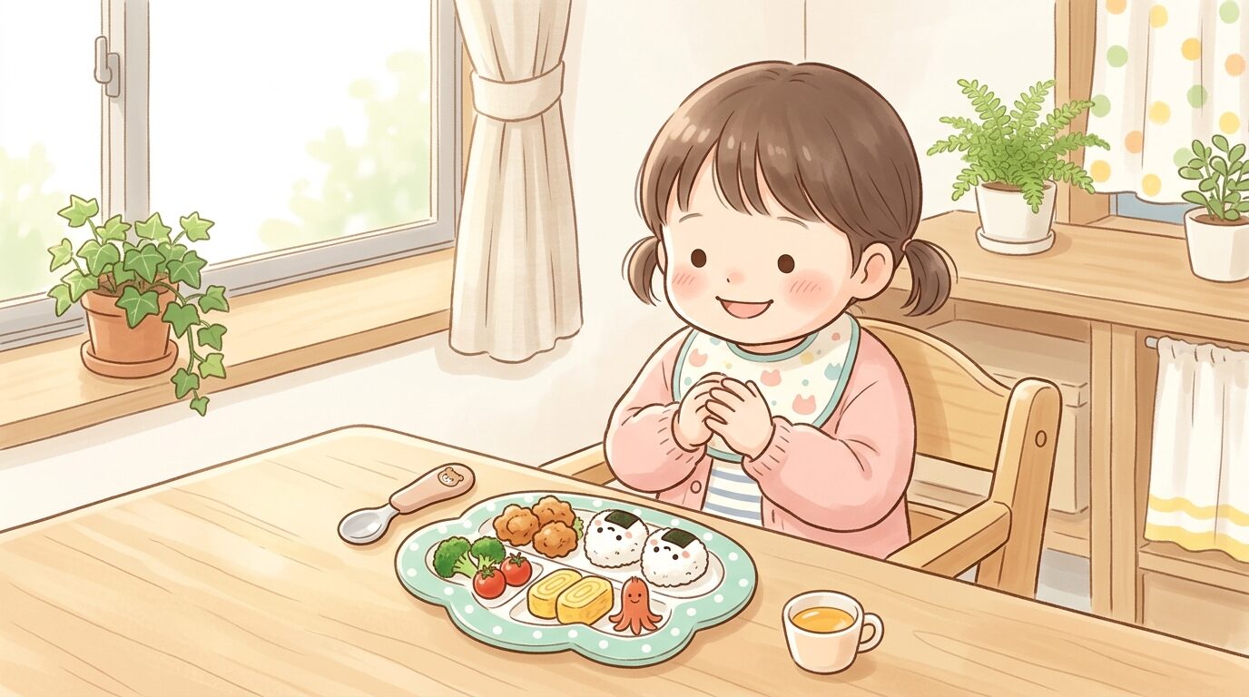 木製のテーブルで惣菜をアレンジした子ども用の小さなワンプレートごはん、明るい自然光の中