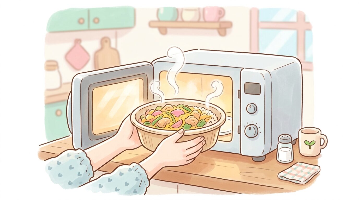 キッチンで電子レンジから温かい惣菜の器を取り出す親の手元、湯気が立ち上る様子