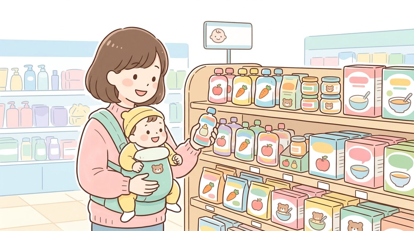 ドラッグストアの離乳食・幼児食コーナーで商品棚を見比べる若い母親と抱っこされた赤ちゃん