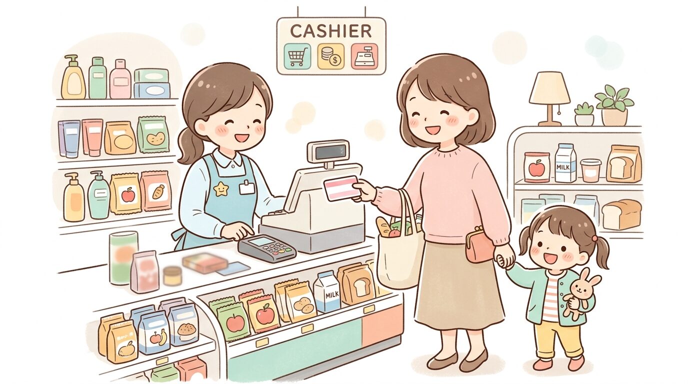 ドラッグストアのレジ前でポイントカードを提示しながら会計する親子連れの様子