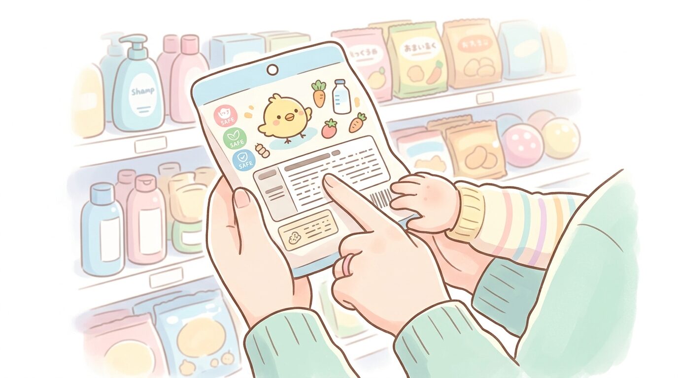 商品パッケージの原材料表示を指差しながら確認する親の手元のクローズアップ