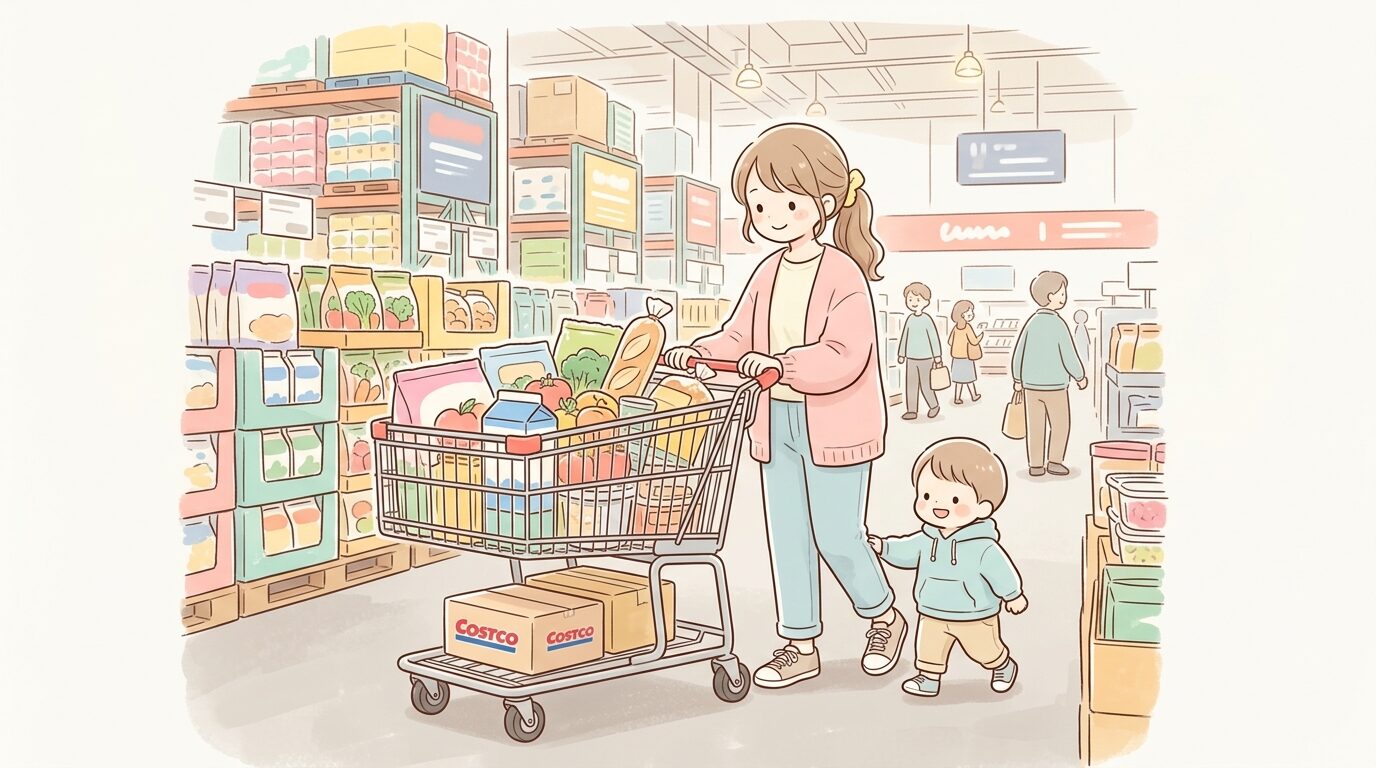 コストコの大きなショッピングカートに食材を積む若い母親と幼児の後ろ姿、明るい店内