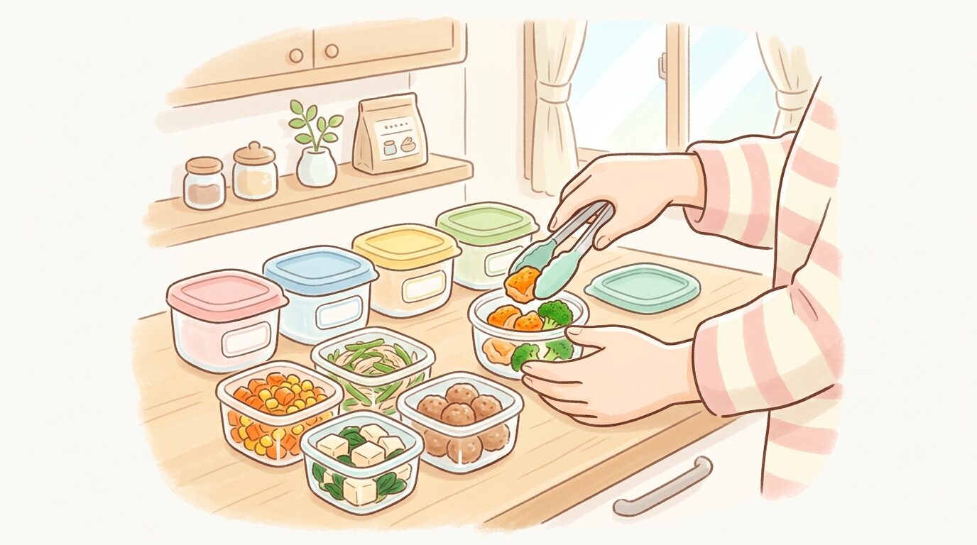 冷凍保存用の小分け容器に野菜や肉を詰める親の手元、キッチンでの作業風景