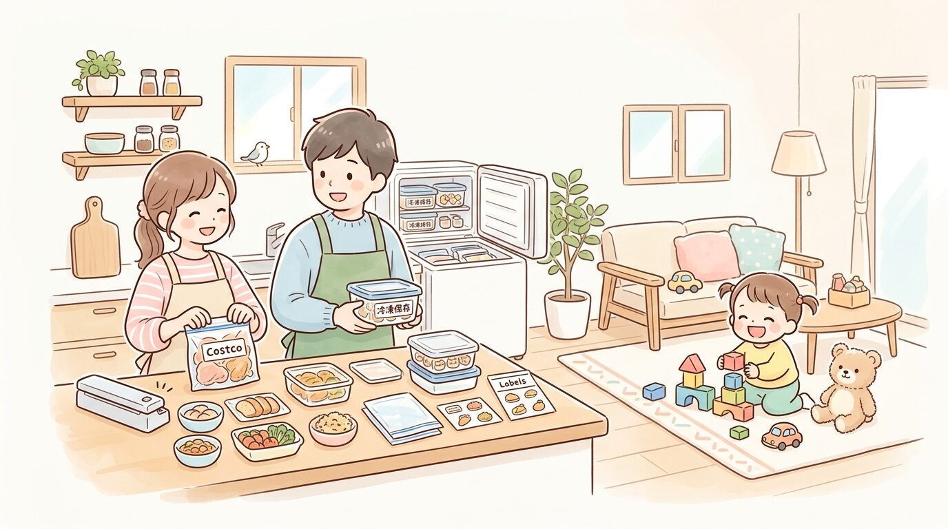 週末にキッチンで冷凍保存の作業をする夫婦と、リビングで遊ぶ幼児のいる温かい家庭の様子
