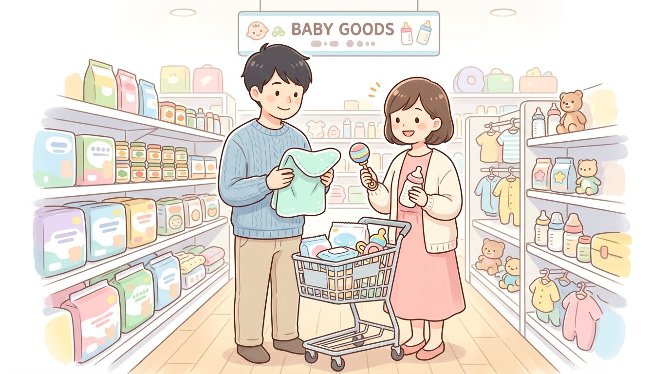 明るいホームセンターの育児用品売り場で商品を手に取って選ぶ若い夫婦の様子