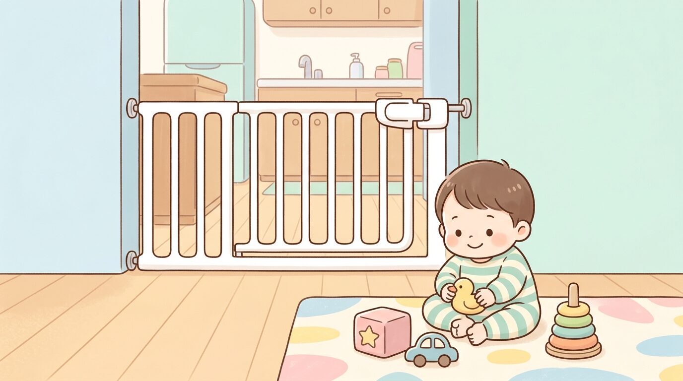 リビングとキッチンの境目に設置された白いベビーゲートと、その手前でおもちゃ遊びをする1歳児