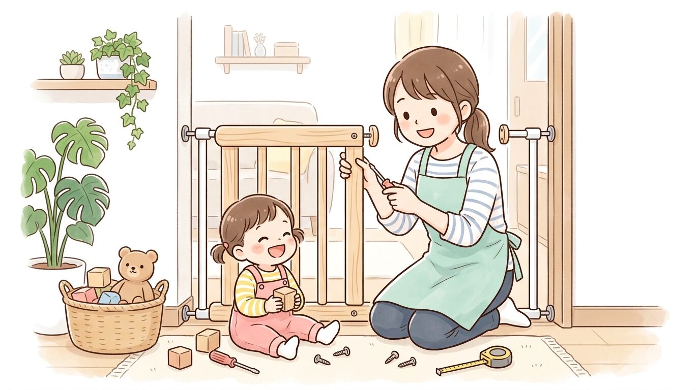 木材と突っ張り棒を使って手作りのベビーゲートを組み立てるDIY作業風景