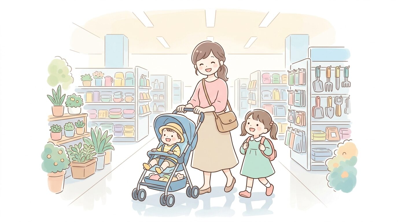 ベビーカーを押しながらホームセンターの店内を親子で歩く様子、明るく広い通路
