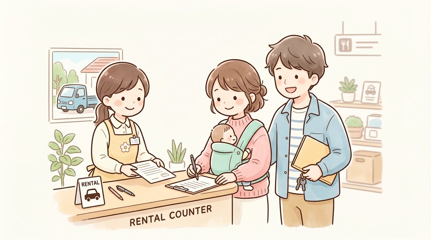 ホームセンターのレンタルカウンターで軽トラックの貸出手続きをする若い夫婦