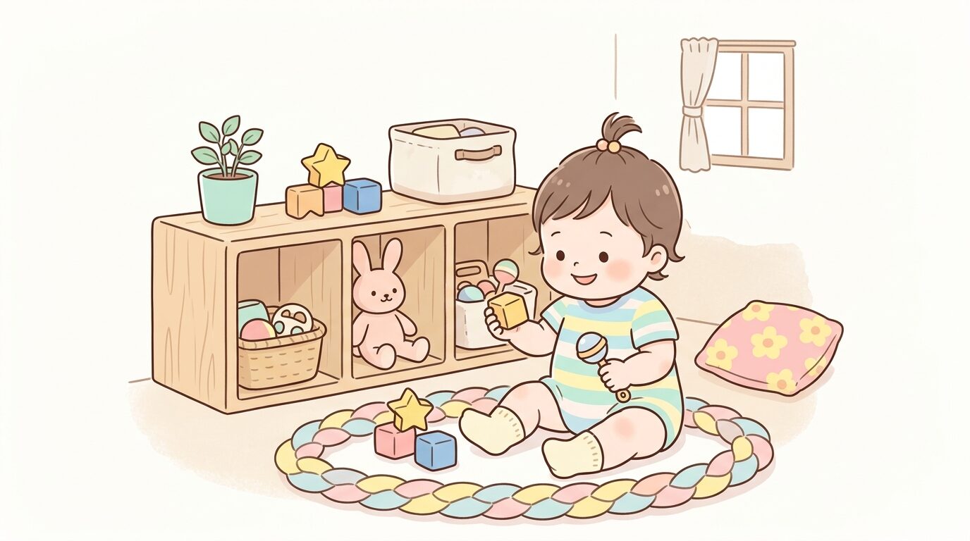 リビングにDIYで設置した木製の低い収納棚と、その前で遊ぶ1歳児