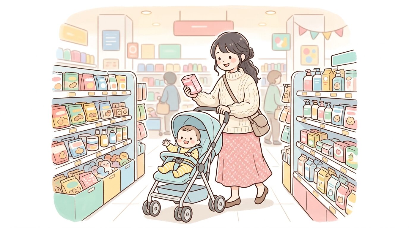 ベビーカーを押しながらドンキの店内で商品を選ぶ20代後半の母親、明るい照明の売り場