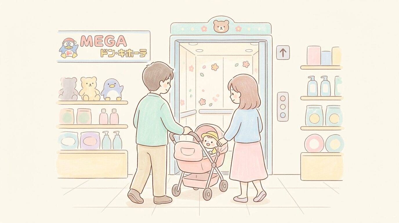 MEGAドン・キホーテの店内でエレベーターに乗るベビーカーを押した家族の後ろ姿