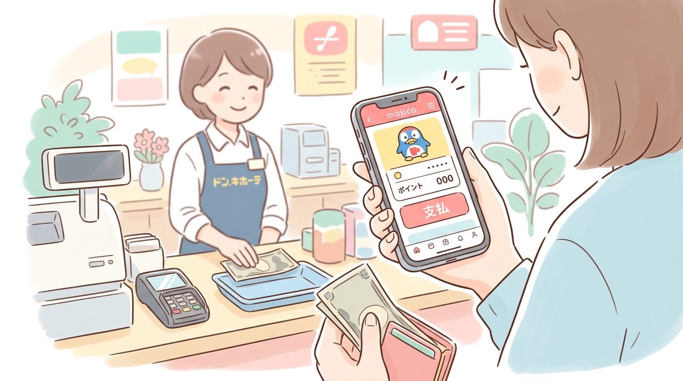 スマートフォンでmajicaアプリの画面を確認しながらレジで会計をする親の手元