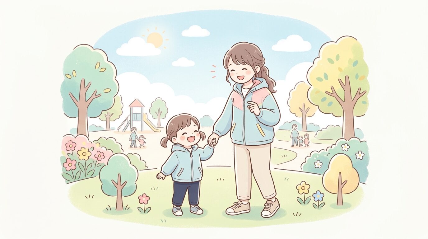 明るい休日の公園で親子がお揃いのアウターを着て笑い合っている様子